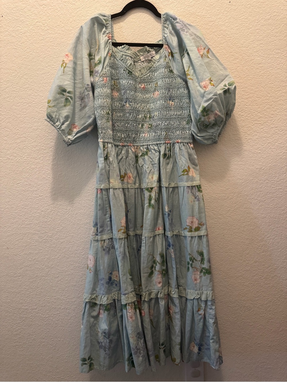 XL Ivy City Co Roselyn Smocked Midi Dress in Light Blue Floral